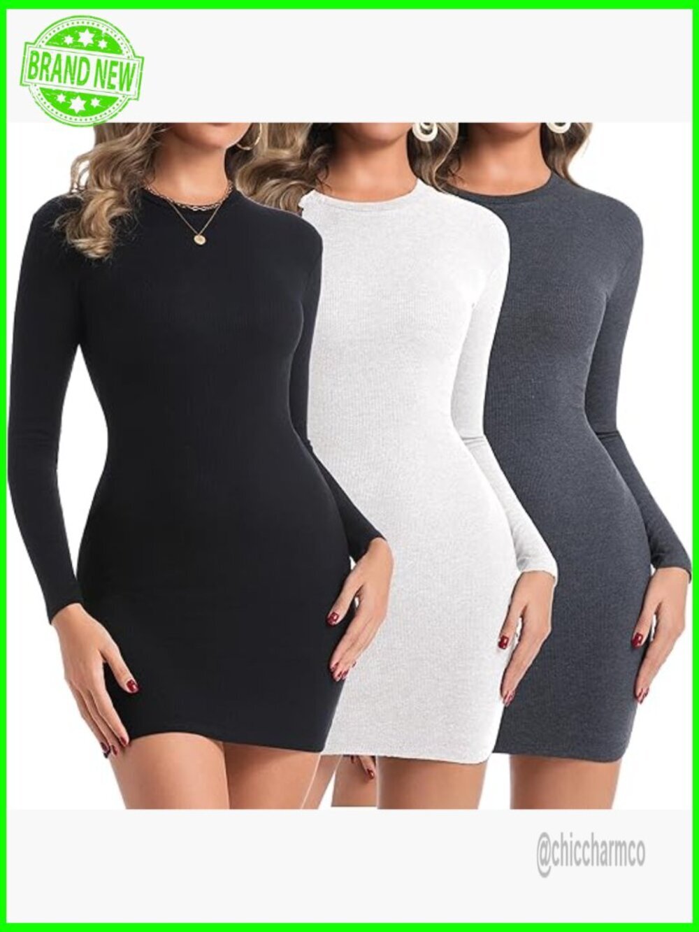 3 Pack Long Sleeve Bodycon Mini Dress Ribbed Knit Crewneck Fall Winter